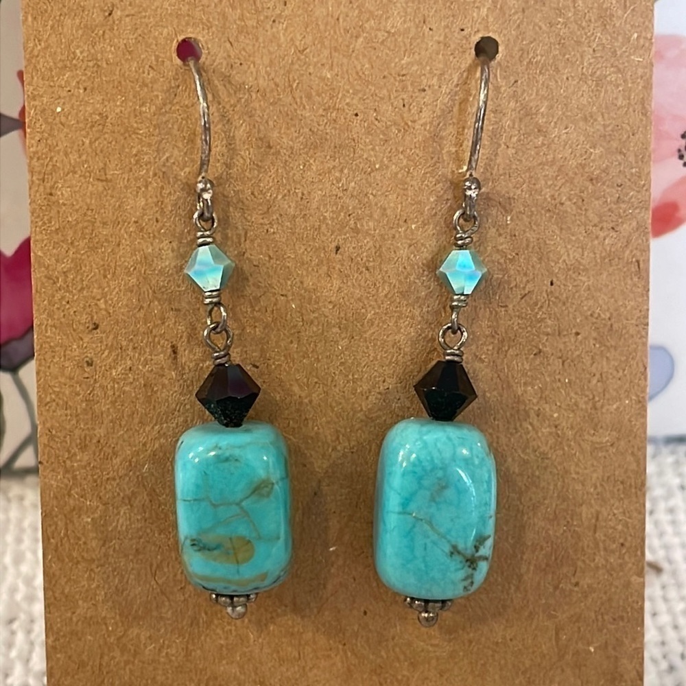 Sterling silver 925 turquoise natural stone beaded dangle earrings